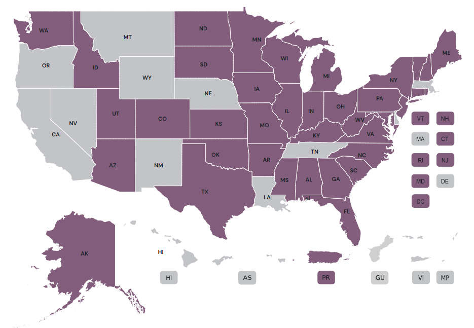Map of the United States highlighting the states and territories with an ANOHC member coalition.