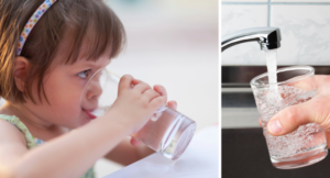 Virginia Health Catalyst issue brief cover, 'Encouraging Virginians to Win With Tap Water,' with a young girl drinking tap water and a hand filling a glass from a faucet.